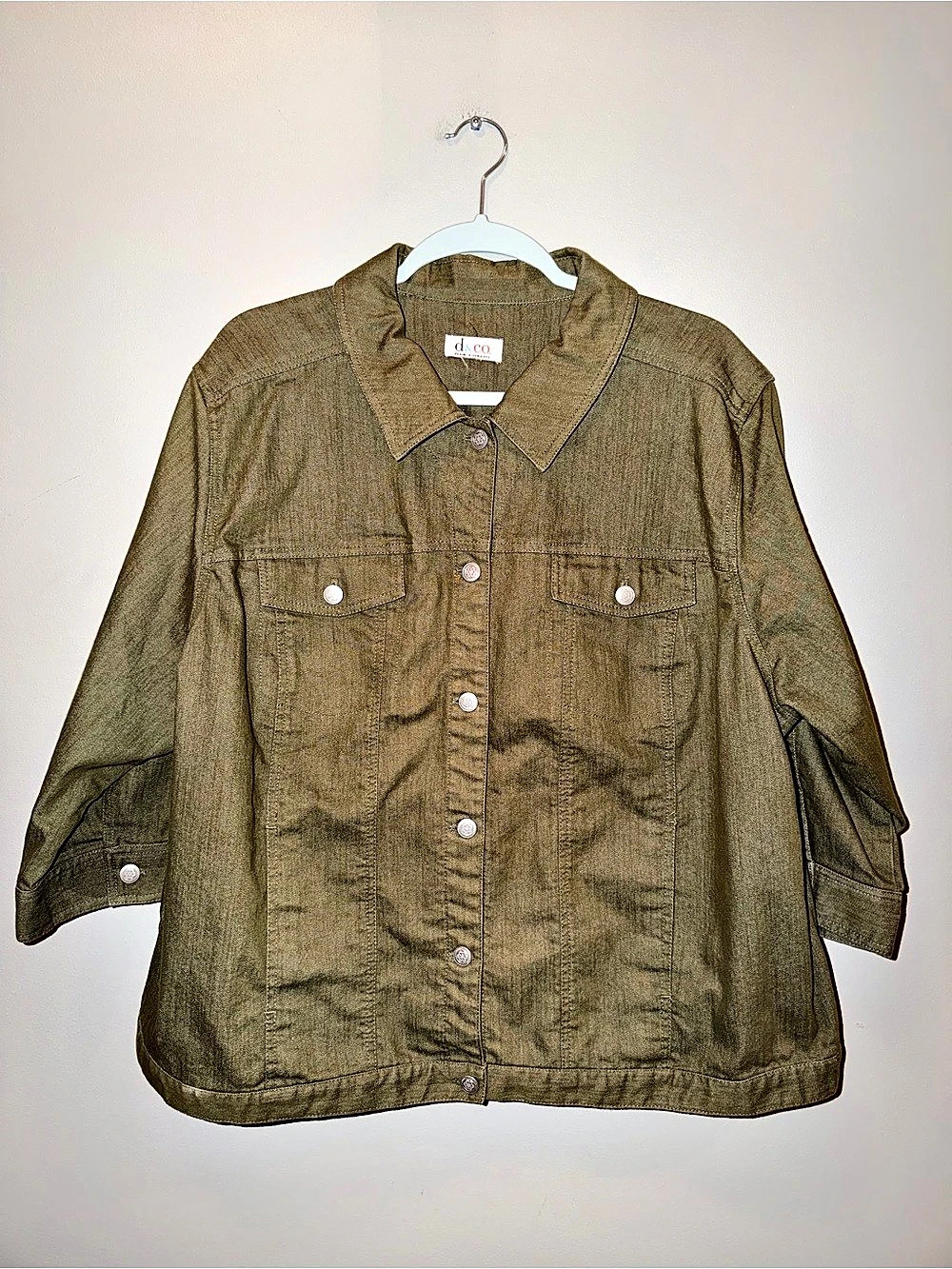 Denim & Co. Olive Green Classic Utility Jean Jacket with 3/4 Sleeves Cottagecore